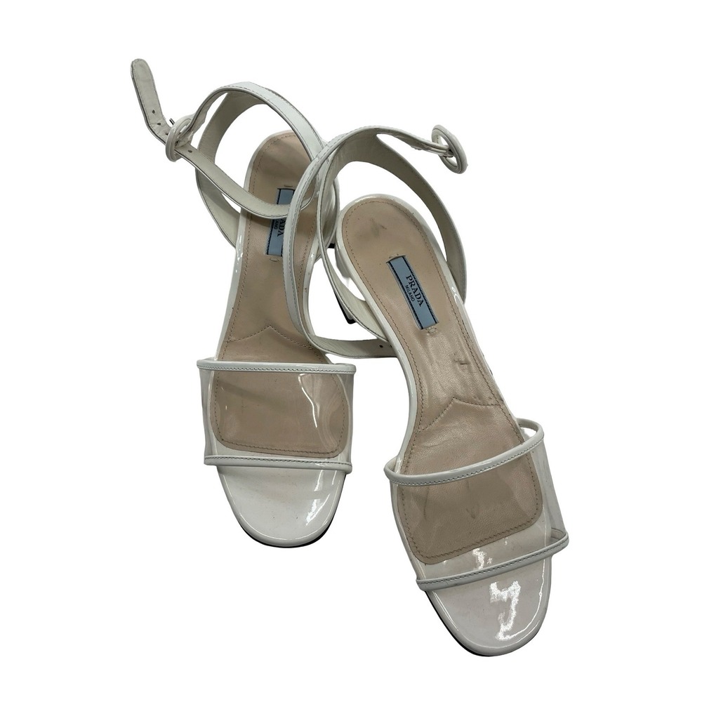 Prada Women Sandals Block Heel White Patent Leather PVC Size 40